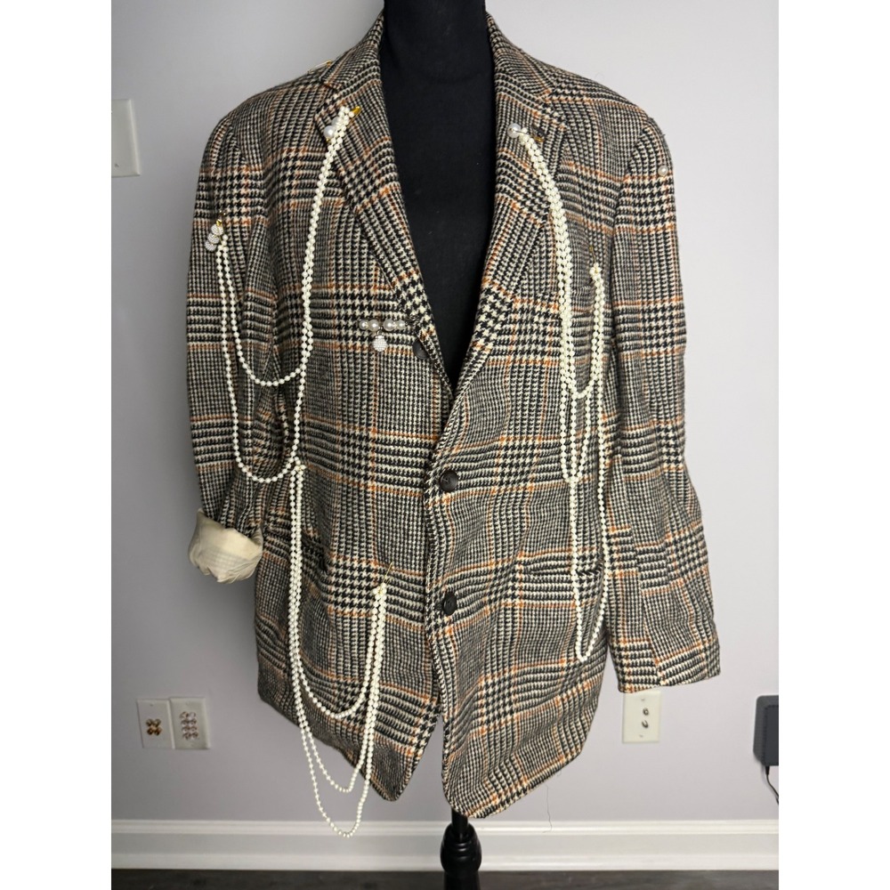 Unisex Glen Plaid Blazer with Draped Faux Pearls and Safety Pin Accents Grey Tan - Picture 5 of 5